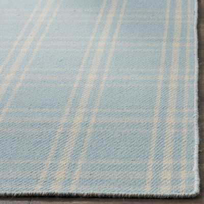 Light Blue Plaid Wool and Cotton Flat Woven Rug
