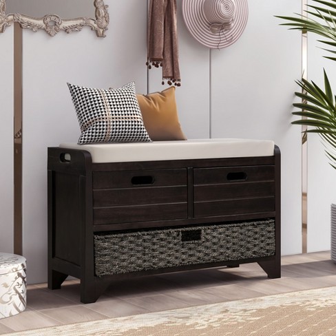 Entryway Storage Bench with Cushioned Seat, Shoe Rack and Drawers  White-ModernLuxe