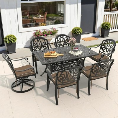 6-Person Cast Aluminum Patio Dining Set with Rectangle Table, 2 Swivel Chairs, Cushions and Umbrella Hole