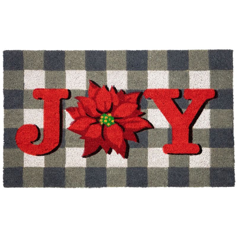 Northlight Gray and Red Poinsettia "Joy" Christmas Natural Coir Outdoor Doormat 18" x 30", 1 of 7