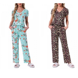 INSPIRE CHIC Women's 2 Pcs Short-Sleeve V-neck Tee & Drawstring Pants Pajama Sets with Pockets - 1 of 4
