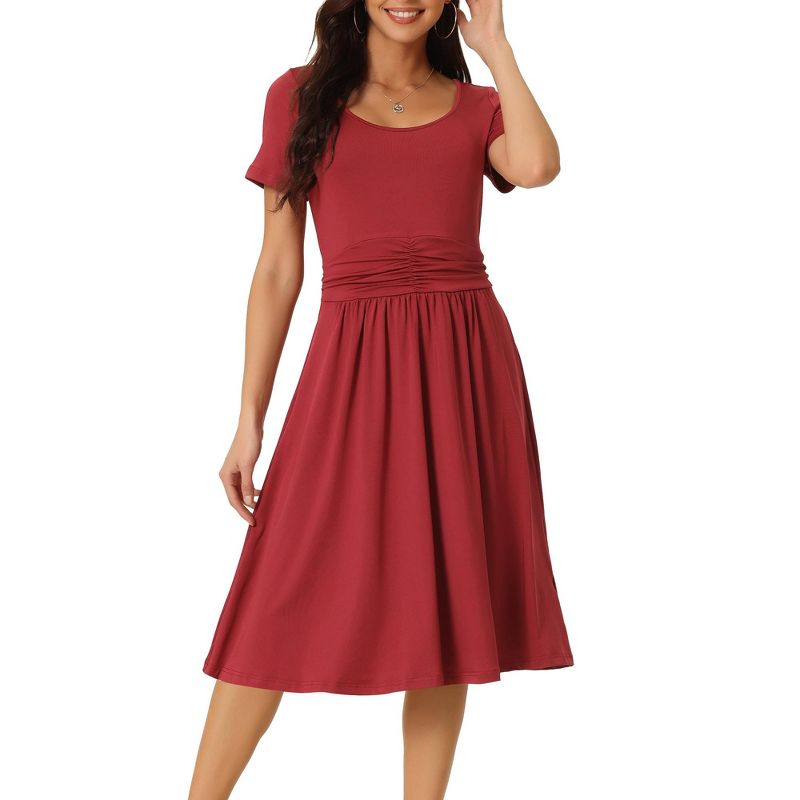 Seta T Women's Casual Scoop Neck Short Sleeve Ruched Midi Knit A-Line Dress with Pockets, 1 of 6