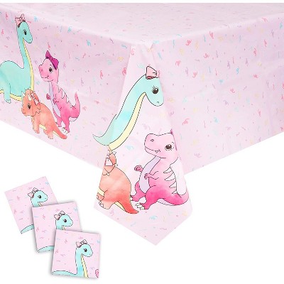 Blue Panda 3 Pack Pink Dinosaur Disposable Plastic Tablecloth Party Decorations for Girl's Birthdays, 54x108"