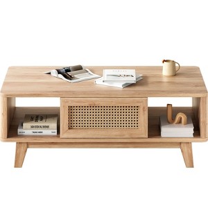 Okak Mid Century 2-Tier Wooden Coffee Table with Storage Rattan Drawer & Open Shelf,Farmhouse Tea Table Center Table for Living Room,Bedroom - 1 of 4