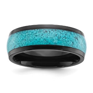 Chisel Stainless Steel Polished Black IP-plated with Imitation Turquoise Inlay 8mm Band Ring - 1 of 4