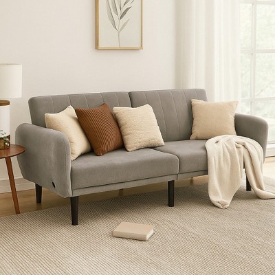 Royal Hampton Fold Out Futon Sofa Bed, Light Gray, Retro Channel Tufted Back