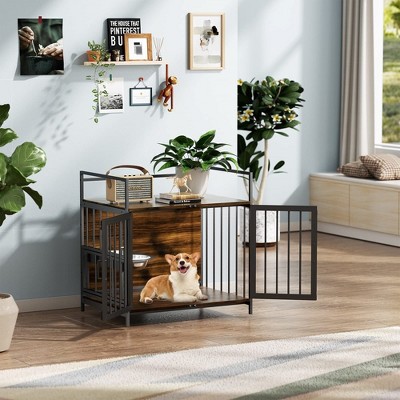 Small Brown Wooden and Steel Dog Crate Table with Bowls