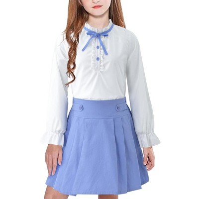 Girls Skirts with White Blouse Ruffle Long Sleeve Button Down Shirt and Pleated Skirt School Uniform 2 Piece Outfit,Blue - 160