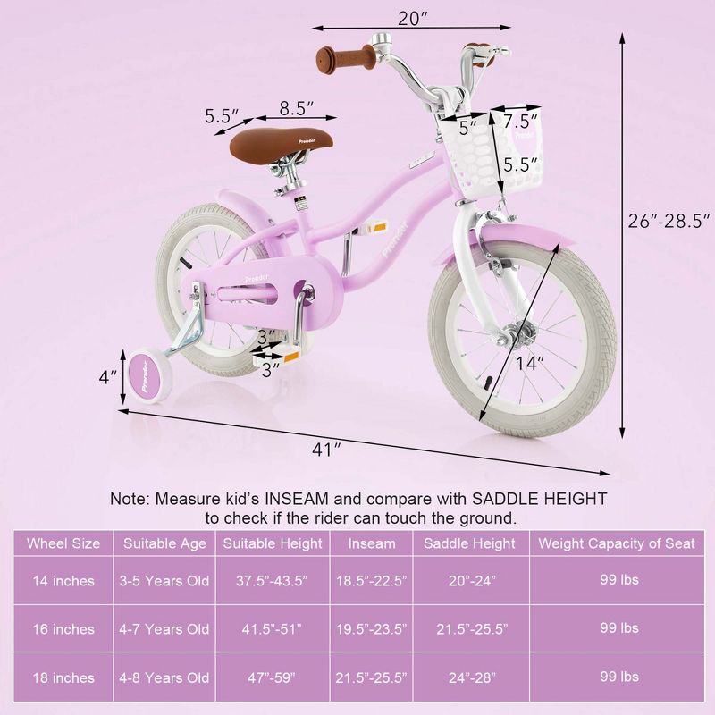 Costway 14'' Kid's Bike with Removable Training Wheels & Basket for 3-5 Years Old Pink/Blue, 3 of 10
