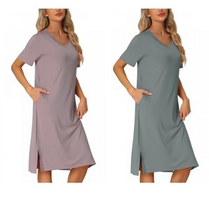 INSPIRE CHIC Women's 2 Pcs Split Hem Pajama Dress Casual V-Neck Short-Sleeve T-Shirt Dress Midi Nightshirt - 1 of 4