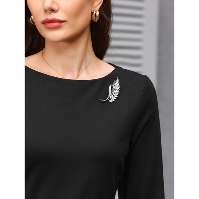 Женские платья INSPIRE CHIC Women's Brooch Decor 3/4 Sleeve Boat Neck Funeral Sheath Midi Dress with Belt Black Medium — фото 4