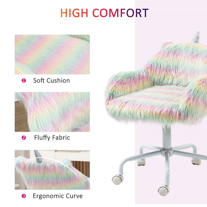 Cute Fluffy Unicorn Office Chair with Mid-Back and Armrest Support, 5 Star Swivel Wheel Girls Study Table, Adjustable Swivel Chair-The Pop Home, 3 of 8