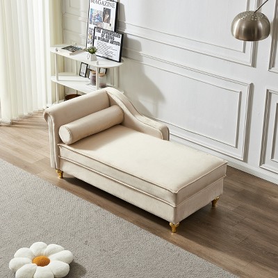Modern Velvet Chaise Lounge Chair w/Storage&Round Pillow,Soft Upholstery,Easy Assembly,Stylish Gold Legs, for Bedroom, Living Room
