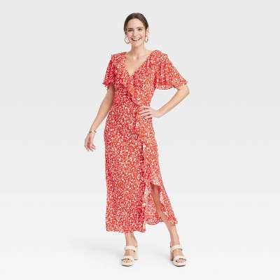 Women's Ruffle Short Sleeve Maxi Dress - A New Day™ Red Floral XS