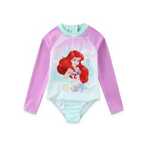 Disney The Little Mermaid Girls UPF 50+ One Piece Long Sleeve Rash Guard Bathing Suit for Toddler and Big Kids - 4 - 1 of 4