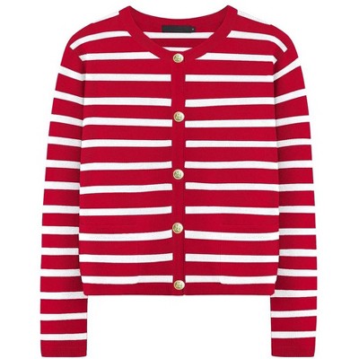 Womens Fall Cardigan Stripes Button Down Sweater Long Sleeve Cropped Casual Sweater Soft Sweater Jacket,Red Stripes - L