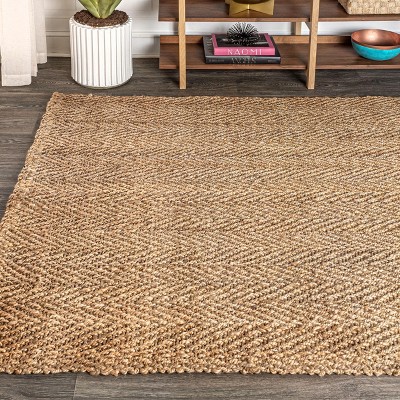Ivory Herringbone Handwoven Jute 8' x 10' Reversible Area Rug