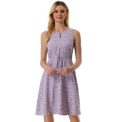 Allegra K Women's Floral Split Neck Drawstring Waist Sleeveless A-Line Summer Midi Dress