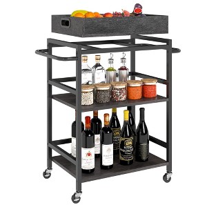 HONGGE 3-Tier Rolling Kitchen Cart, Rustic Bar Cart with Storage, Lockable Wheels, Removable Tray, Metal Frame & Wood Shelves - 1 of 4