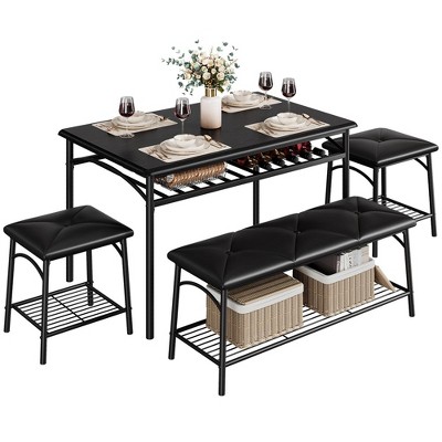 Dining Table with Benches, Kitchen Table Set for 4, Dining Room Table Set with Upholstered Bench and Square Stools