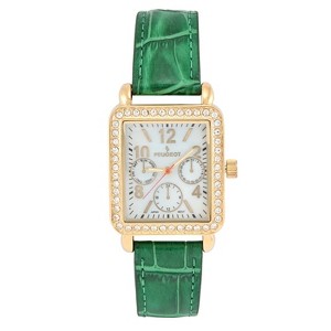 Peugeot Women's 14K Gold Plated Square Dress Watch with European Crystals and Green Leather Band - 1 of 4