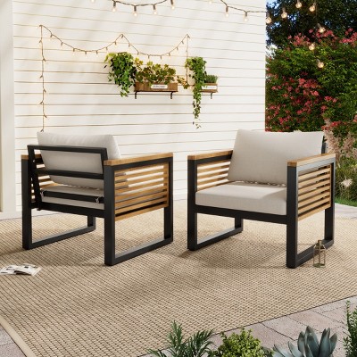 2-Pack Acacia Wood & Metal Outdoor Chairs with Cushions, Waterproof Beige Seat Armchairs for Patio or Balcony Lounge Seating-Cuddlewood