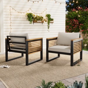 2-Pack Acacia Wood & Metal Outdoor Chairs with Cushions, Waterproof Beige Seat Armchairs for Patio or Balcony Lounge Seating-Cuddlewood - 1 of 4