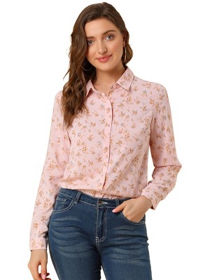 Allegra K Women's Point Collar Long Button Sleeve Button Down Floral Shirt