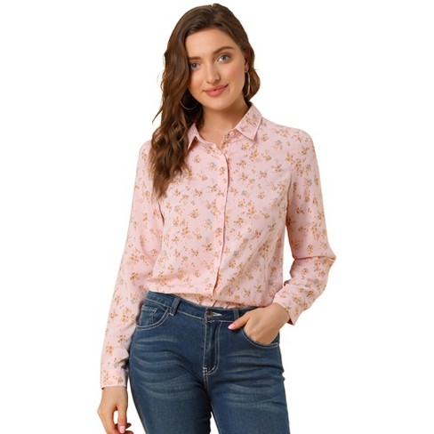 Allegra K Women's Button Down Shirt Long Sleeve Point Collar Floral Blouse  at  Women’s Clothing store