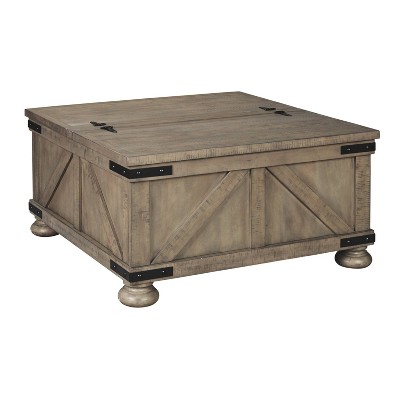 Signature Design by Ashley Aldwin Cocktail Table with Storage Brown : Rectangular Lift-Top, Distressed Pine Veneer, Wood Legs