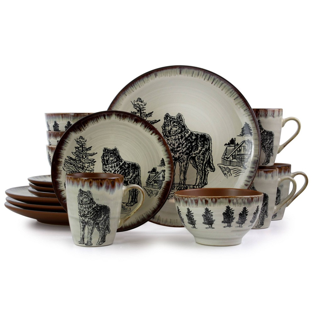 Photos - Other kitchen utensils 16pc Stoneware Majestic Wolf Dinnerware Set - Elama