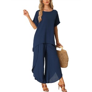 cheibear Women's Casual Short Sleeve Loose Fit Sleepshirt with Long Pants 2-Piece Loungewear Sets - 1 of 4