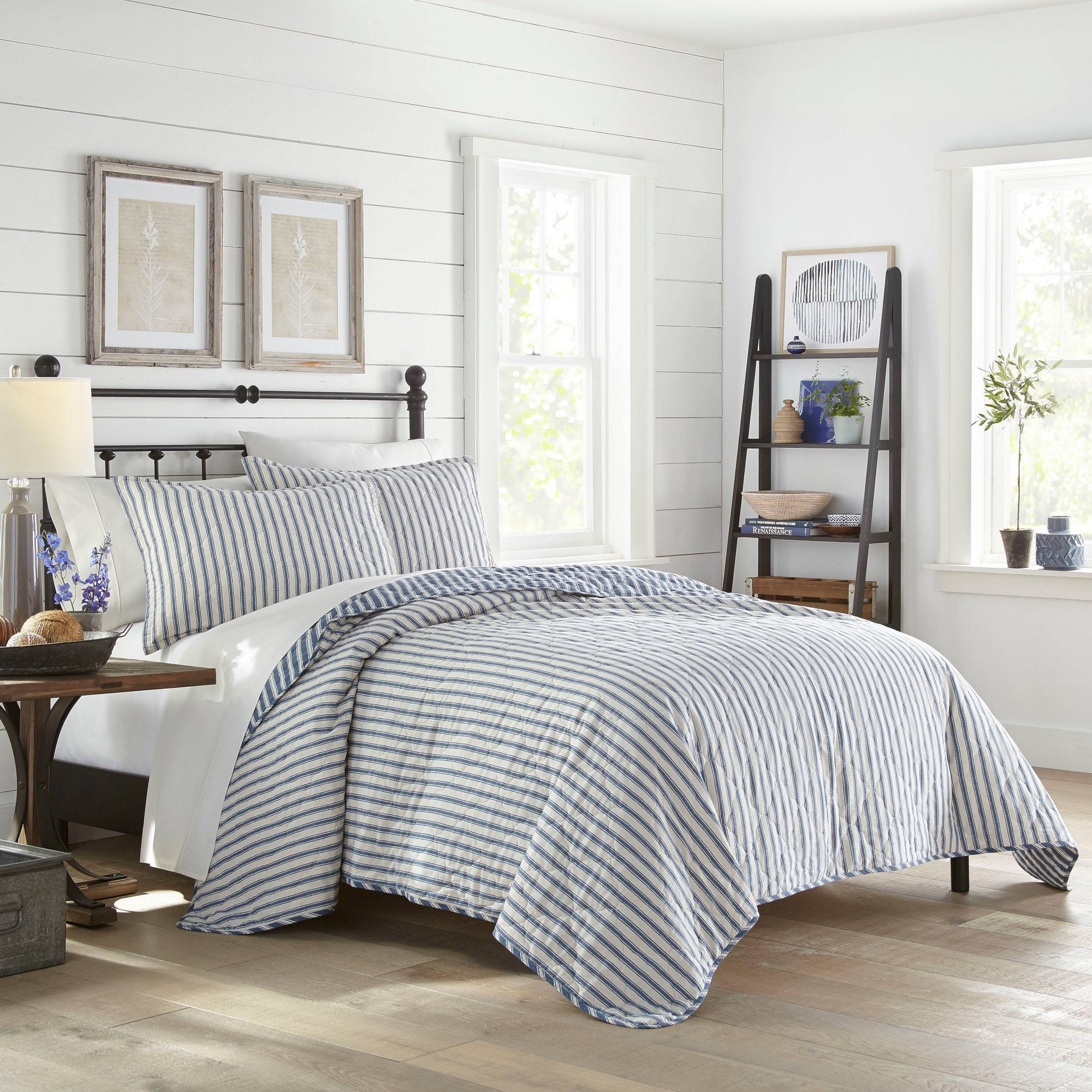 Full/Queen Willow Way Ticking Stripe Quilt & Sham Set Navy - Stone Cottage: Coverlet, Pre Washed