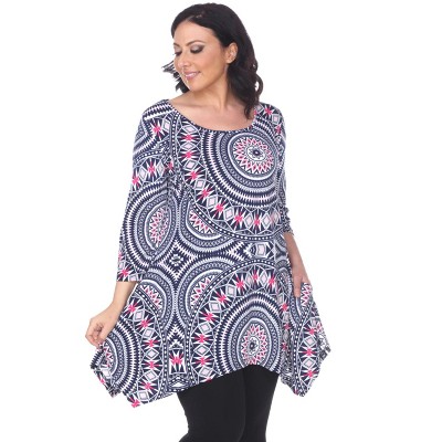 Women's Plus Size 3/4 Sleeve Printed Maji Tunic with Pockets - White Mark