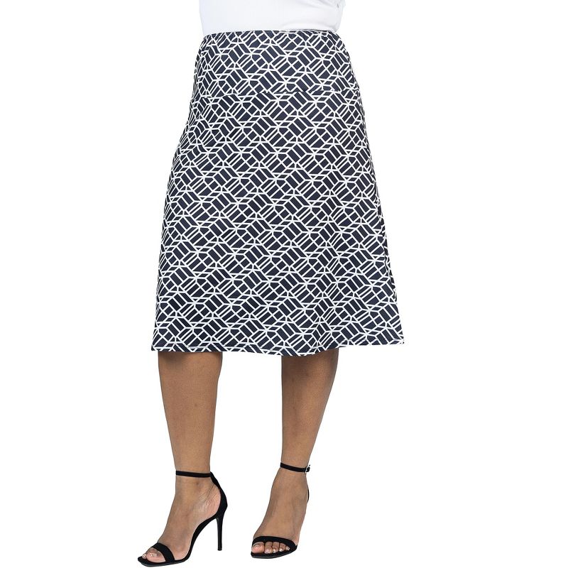 24seven Comfort Apparel Plus Size Black Geometric Print Comfortable Elastic Waist Knee Length Skirt, 2 of 7