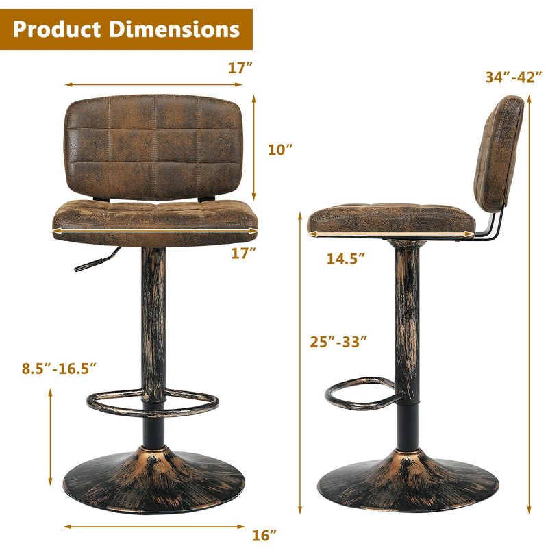 Costway Set of 2 Adjustable Bar Stools Swivel Bar Chairs w/Backrest Retro Brown, 3 of 11