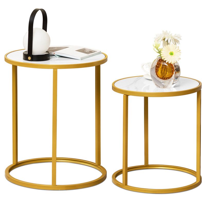 Tangkula 2PCS Marble Top Round Side Table w/ Golden Metal Frame Anti-slip Foot Pads, 1 of 9