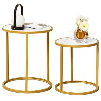 Tangkula 2PCS Marble Top Round Side Table w/ Golden Metal Frame Anti-slip Foot Pads