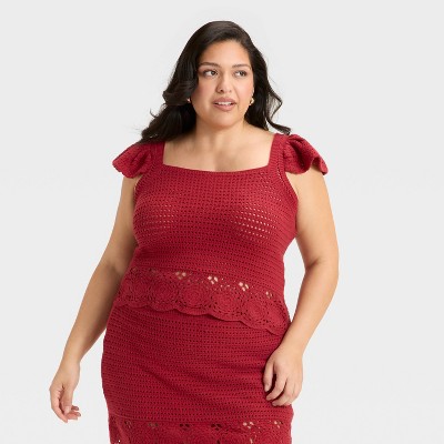 Women's Openwork Flutter Sleeve Sweater Tank - Universal Thread™ Red