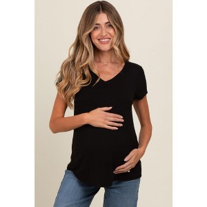 PinkBlush Black Basic V-Neck Short Sleeve Maternity Top - 1 of 3