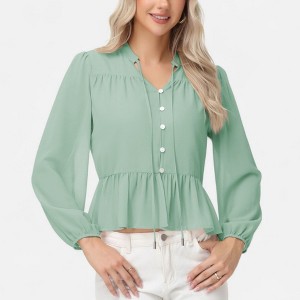 Anna-Kaci Women's Long Sleeve Button Front Peplum Blouse with V-Neckline and Gathered Waist Detail - 1 of 4
