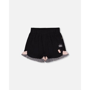 Deux par Deux Girl Crinkle Short with Frills Black and Butterflies - 1 of 4