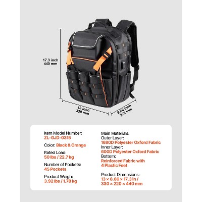 VEVOR Tool Backpack, 45 Pockets, Heavy-duty Tools Storage Organizer Work Bags with Laptop Compartment & Reinforced Fabric Basee, Black+Orange — фото 8