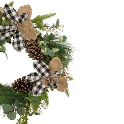 Magnolia and Pine Cones Burlap Christmas Wreath, 22-Inch