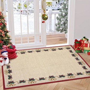 Christmas Area Rug, Holiday Carpet with Bells, Holly Berry & Ribbon Garland Design, Festive Throw Rug for Living Room, Bedroom - 1 of 4