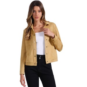 INSPIRE CHIC Women's Turn-Down Collar Flap Pockets Snap Button Faux Suede Jacket - 1 of 4