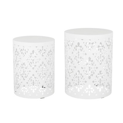 GlasFlength Patio End Tables 2 Pack, Metal Side Table, Round Accent Table with Weather Resistant, Garden Patio Furniture, White 13.75"*13.75"*18"