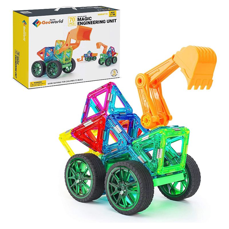 Hurtle Kids Childrens Deluxe 70 Piece Educational STEM Engineering Magnetic Building Block Set with 2 Big Wheels, Car Body, and Bulldozer Arm, Multi, 1 of 6