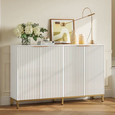Bestier 55" Sideboard Buffet Cabinet with Power Outlet,Fluted Storage Cabinet with Adjustable Shelves, White