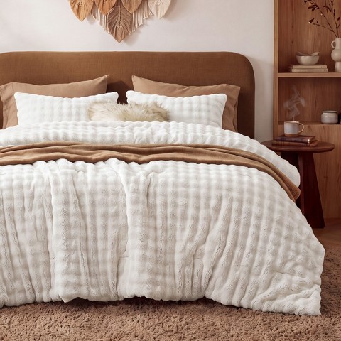 Комплект с одеялом Bedsure Queen Fluffy Fleece Comforter Set, 3D Bubble Texture, Soft Plush Bedding for Winter, Machine Washable, Cream White, 3pc, цвет: Кремовый